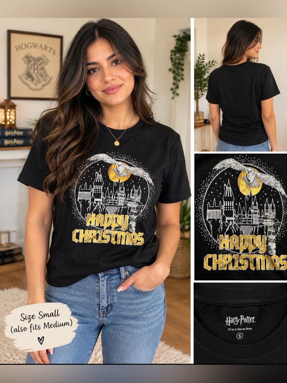 Harry Potter Small Warner Bros. Black Holiday Tee /Gold & White Hogwarts Design